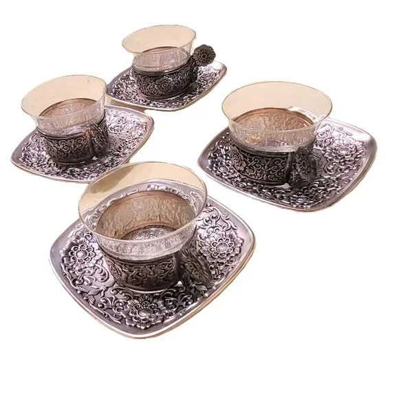 4 Vintage Pewter Saucer Tea Coffee Cups Floral Flower Glass Mug Dining Dinner - Picture 3 of 13